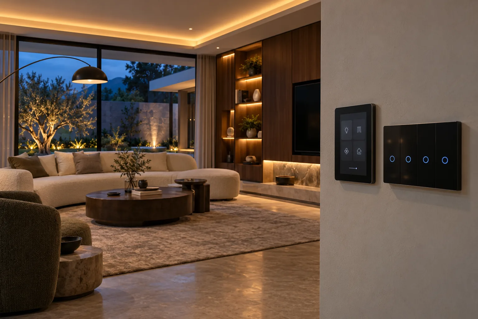 Illustrative smart home interior with touch switches and a control panel
